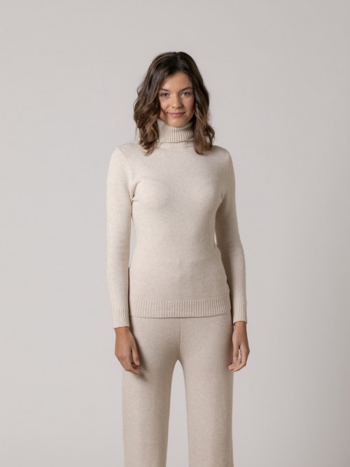 Woman Cashmere-like jumper with classic turtleneck  Beige