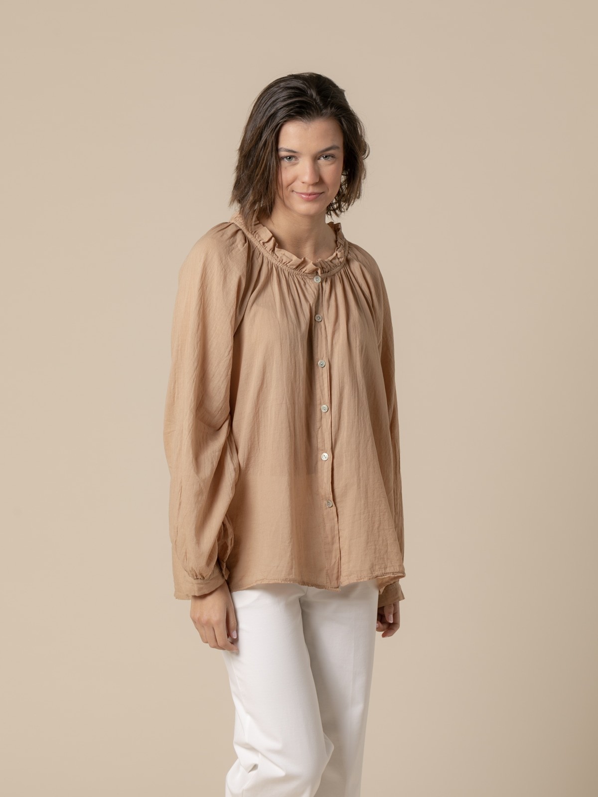 Woman romantic cotton voile blouse details  Camel