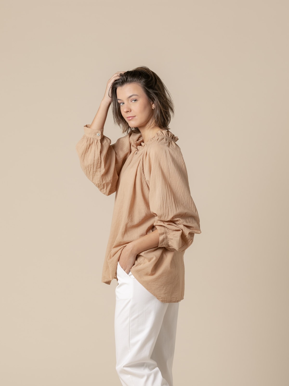 Woman romantic cotton voile blouse details  Camel