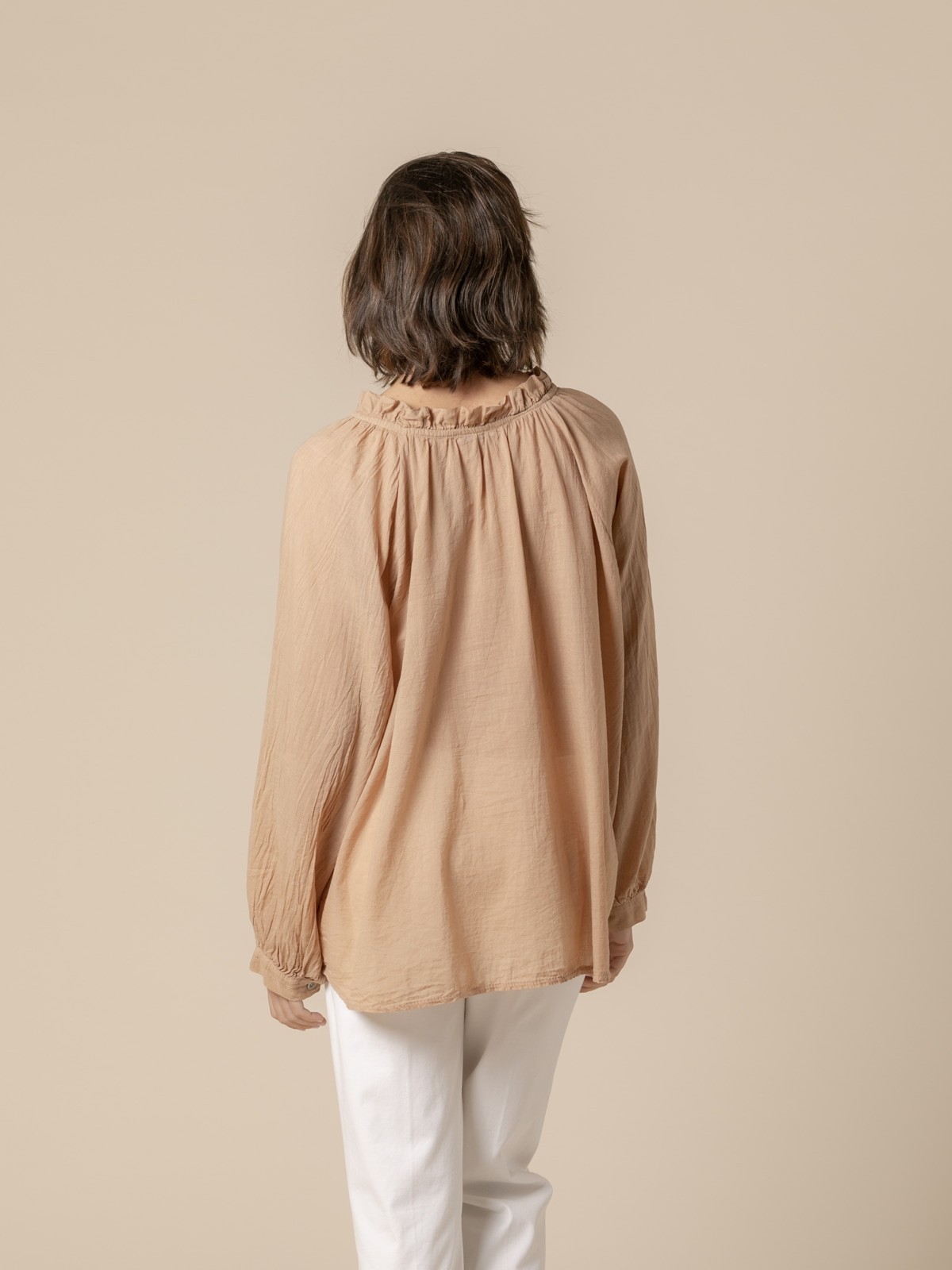 Woman romantic cotton voile blouse details  Camel