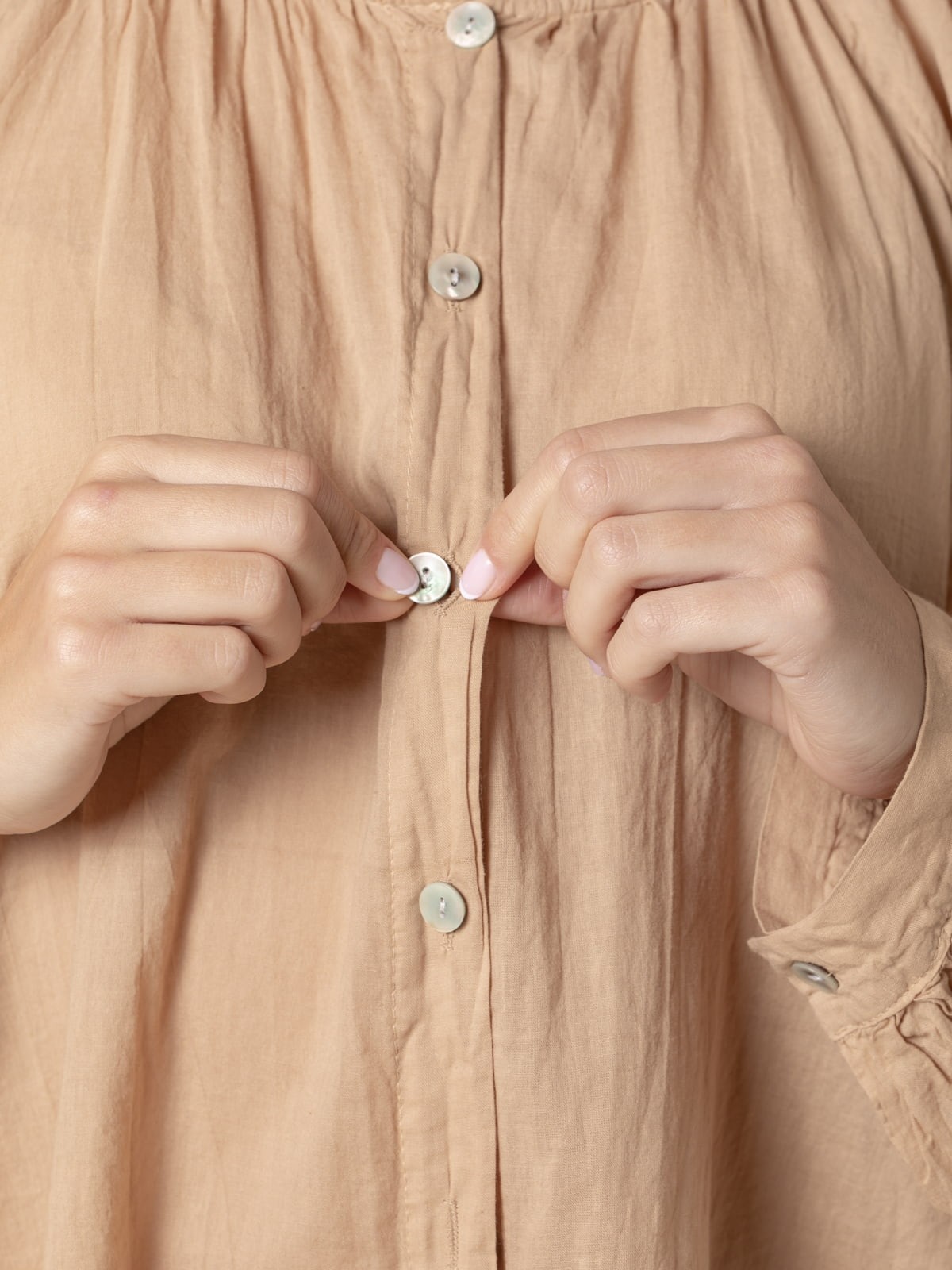 Woman romantic cotton voile blouse details  Camel