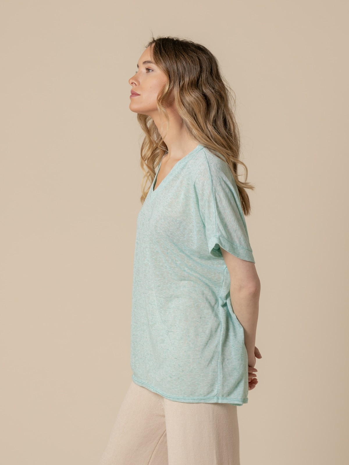 Woman Oversize linen V-neck T-shirt  Aqua