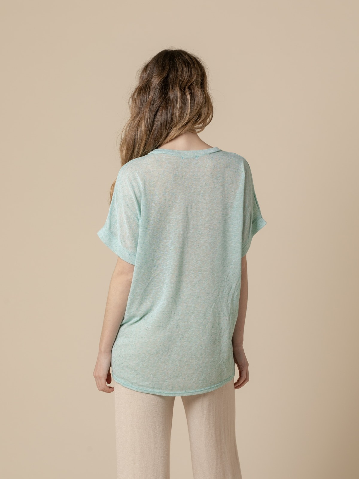 Woman Oversize linen V-neck T-shirt  Aqua