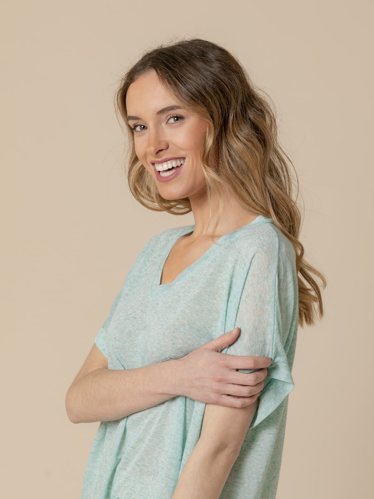 Woman Oversize linen V-neck T-shirt  Aqua