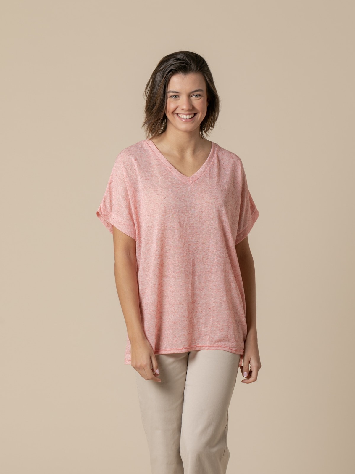 Woman Oversize linen V-neck T-shirt  Coral