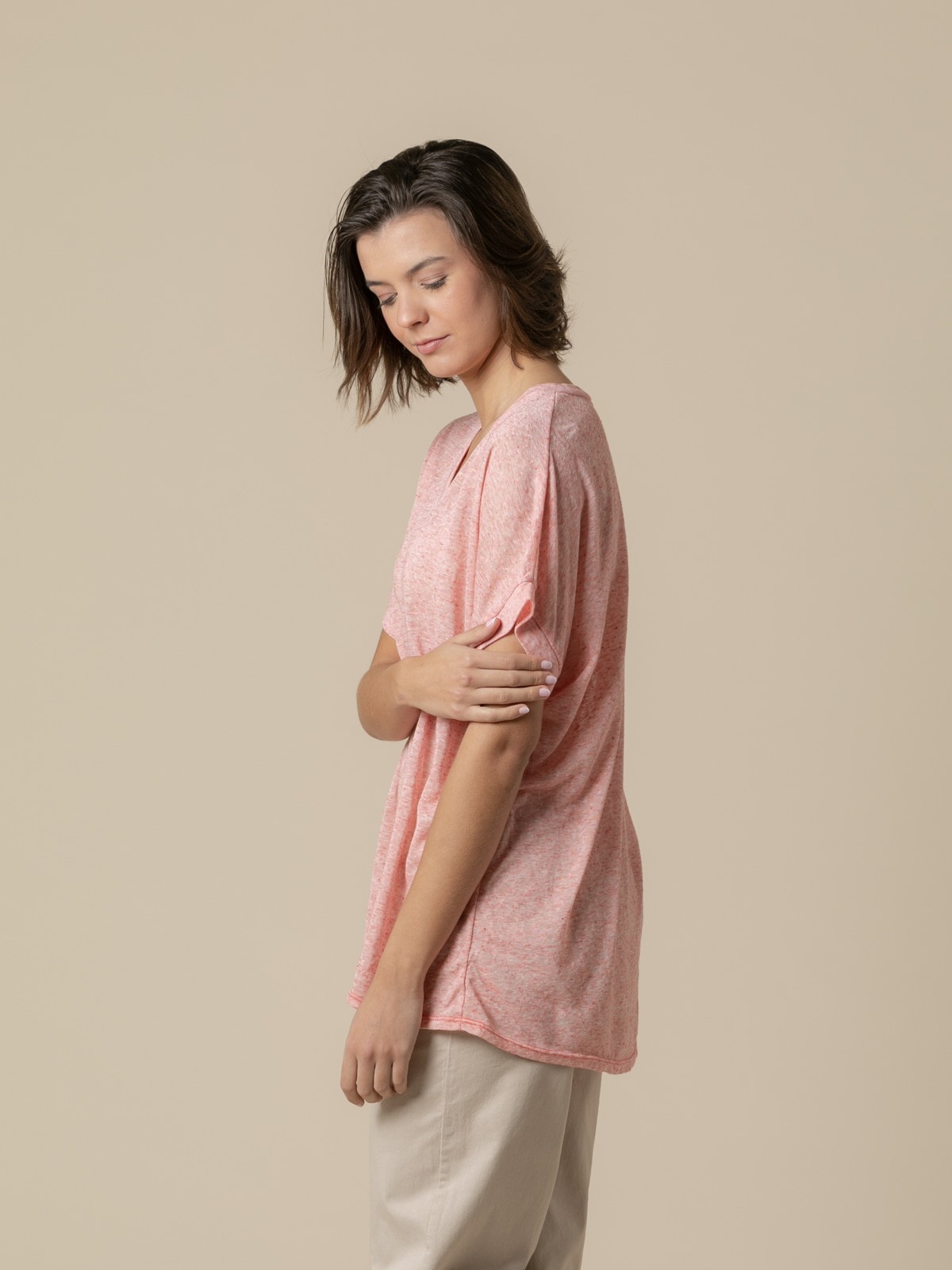 Woman Oversize linen V-neck T-shirt  Coral