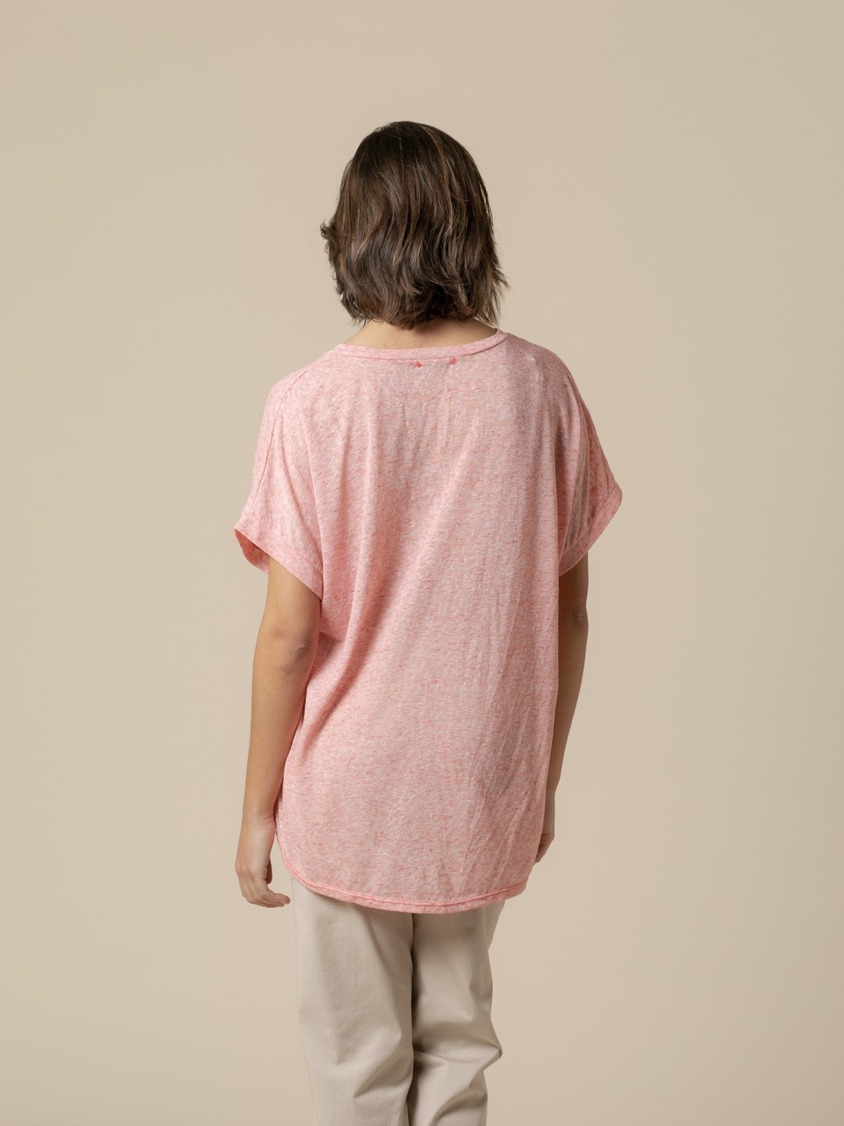 Woman Oversize linen V-neck T-shirt  Coral