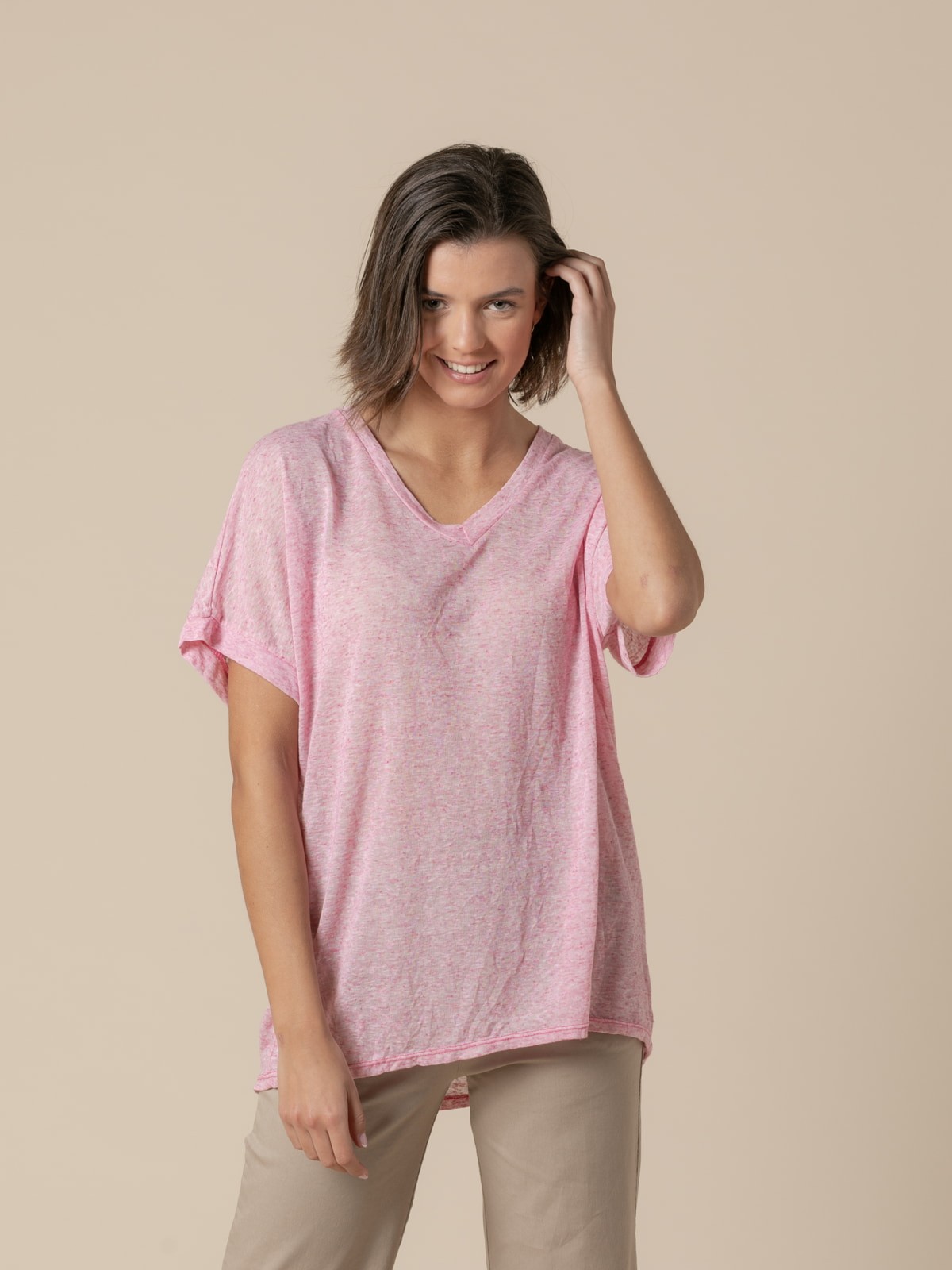 Woman Oversize linen V-neck T-shirt  Magenta