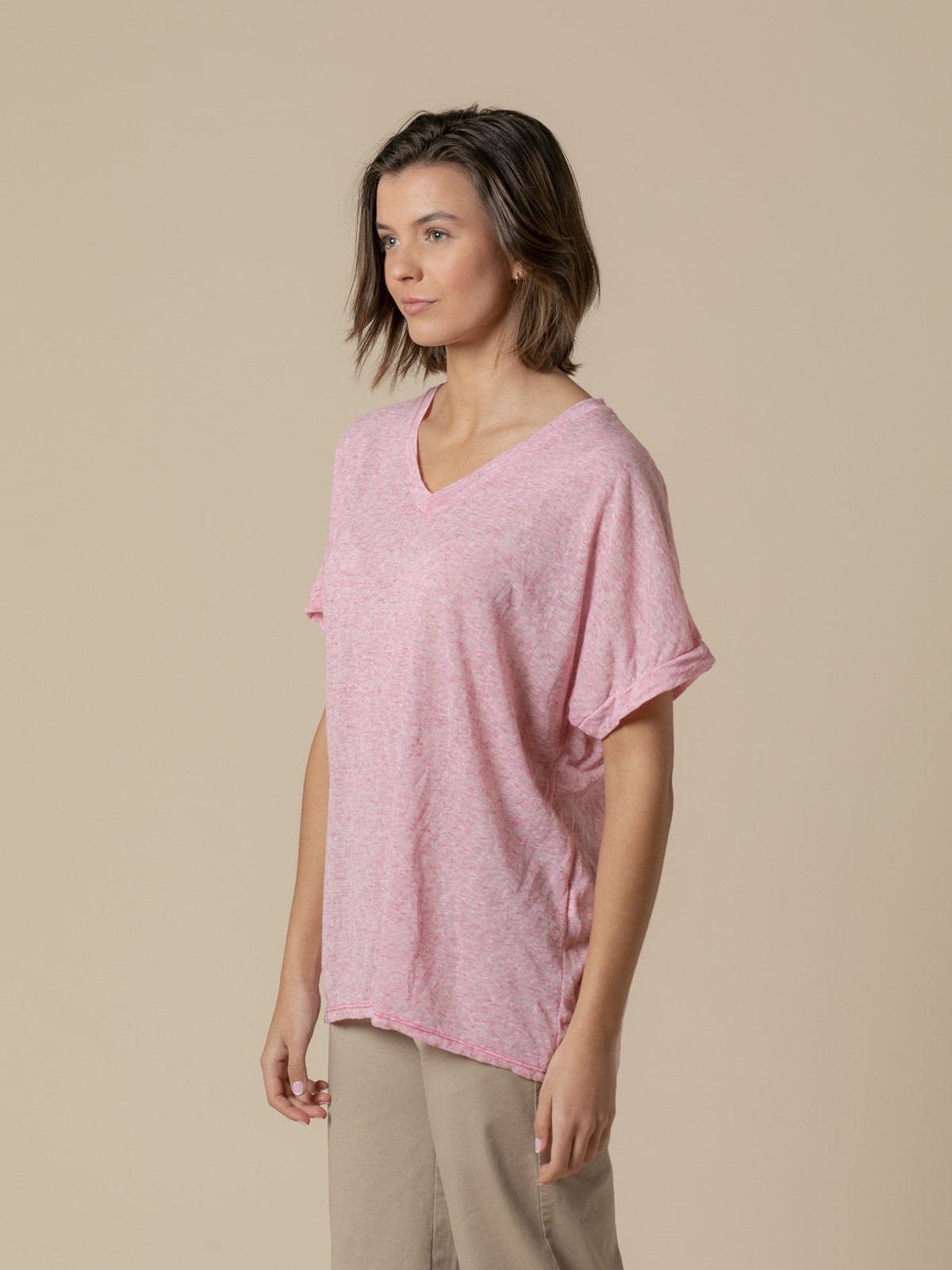 Woman Oversize linen V-neck T-shirt  Magenta