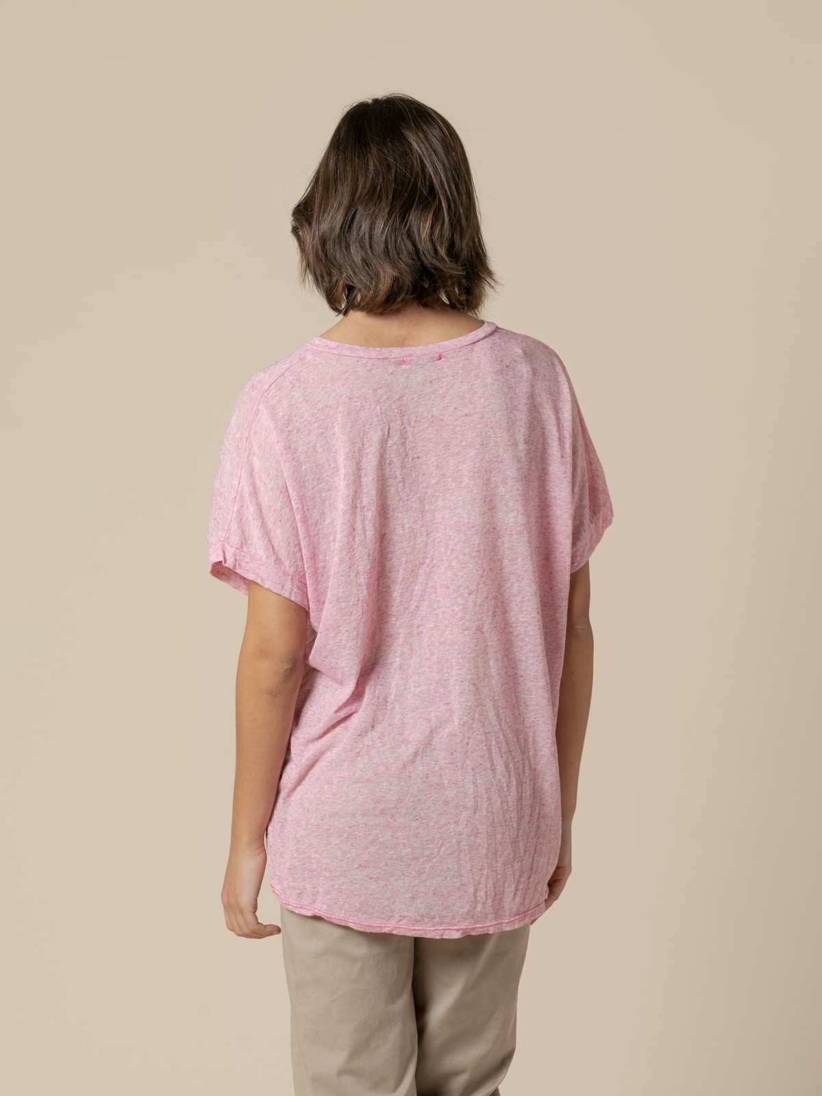 Woman Oversize linen V-neck T-shirt  Magenta