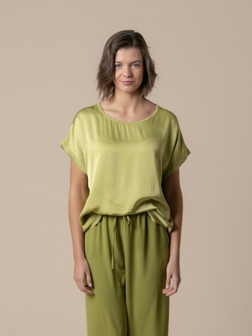 Woman Vegetable satin blouse with short sleeves  Olive