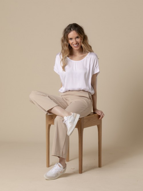 Blusa de raso vegetal manga corta Blanco