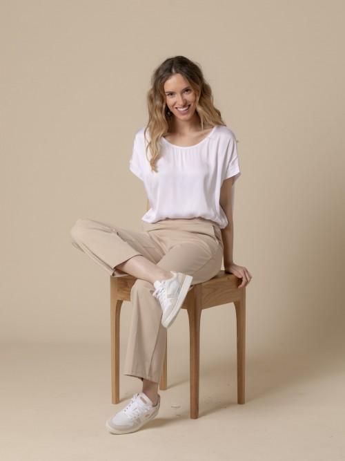 Woman Vegetable satin blouse with short sleeves  White