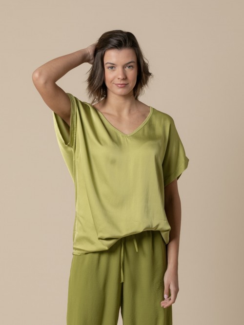 Woman Vegetable satin V-neck blouse  Olive