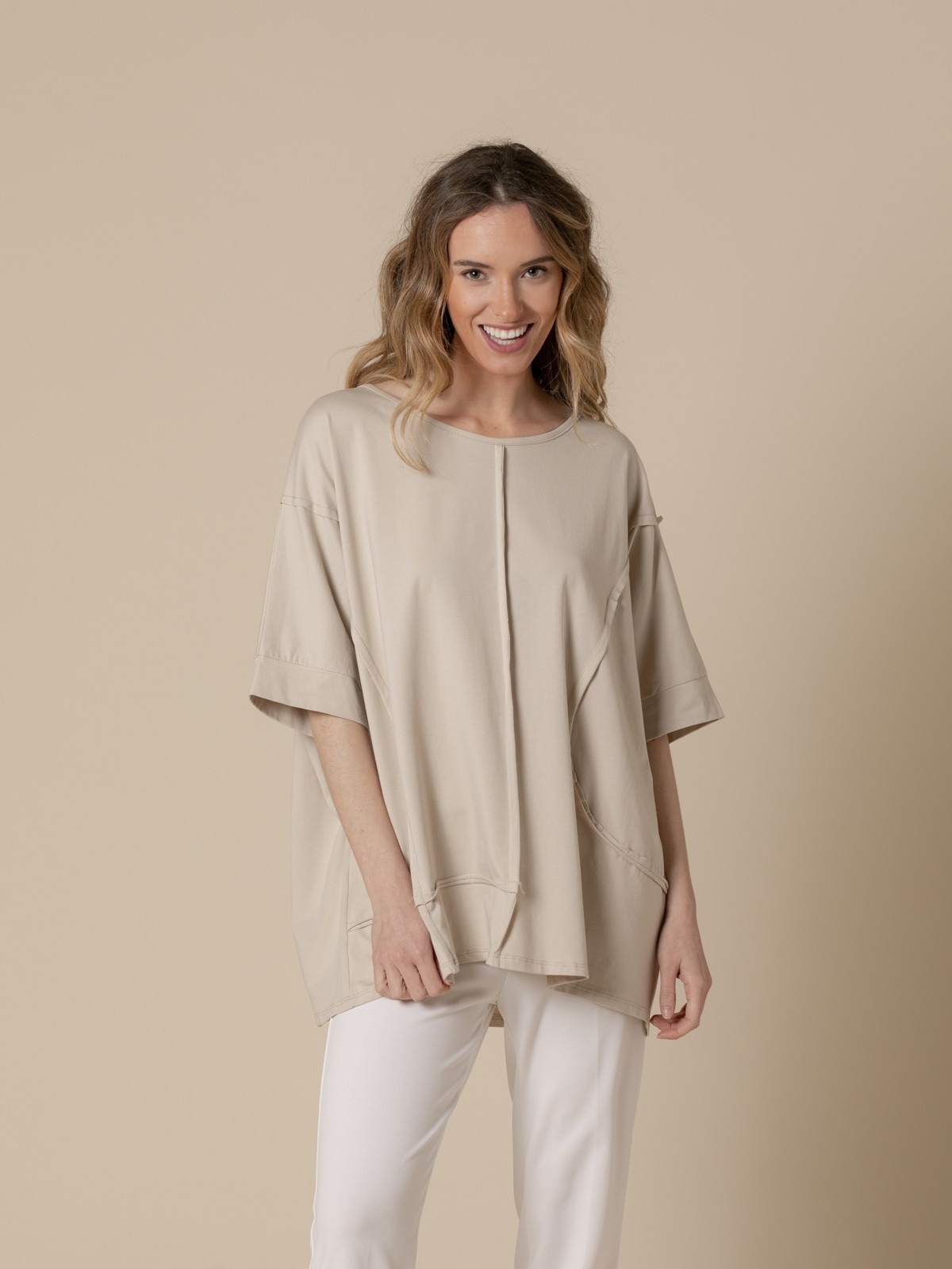 Woman Oversize elbow-length t-shirt  Beige
