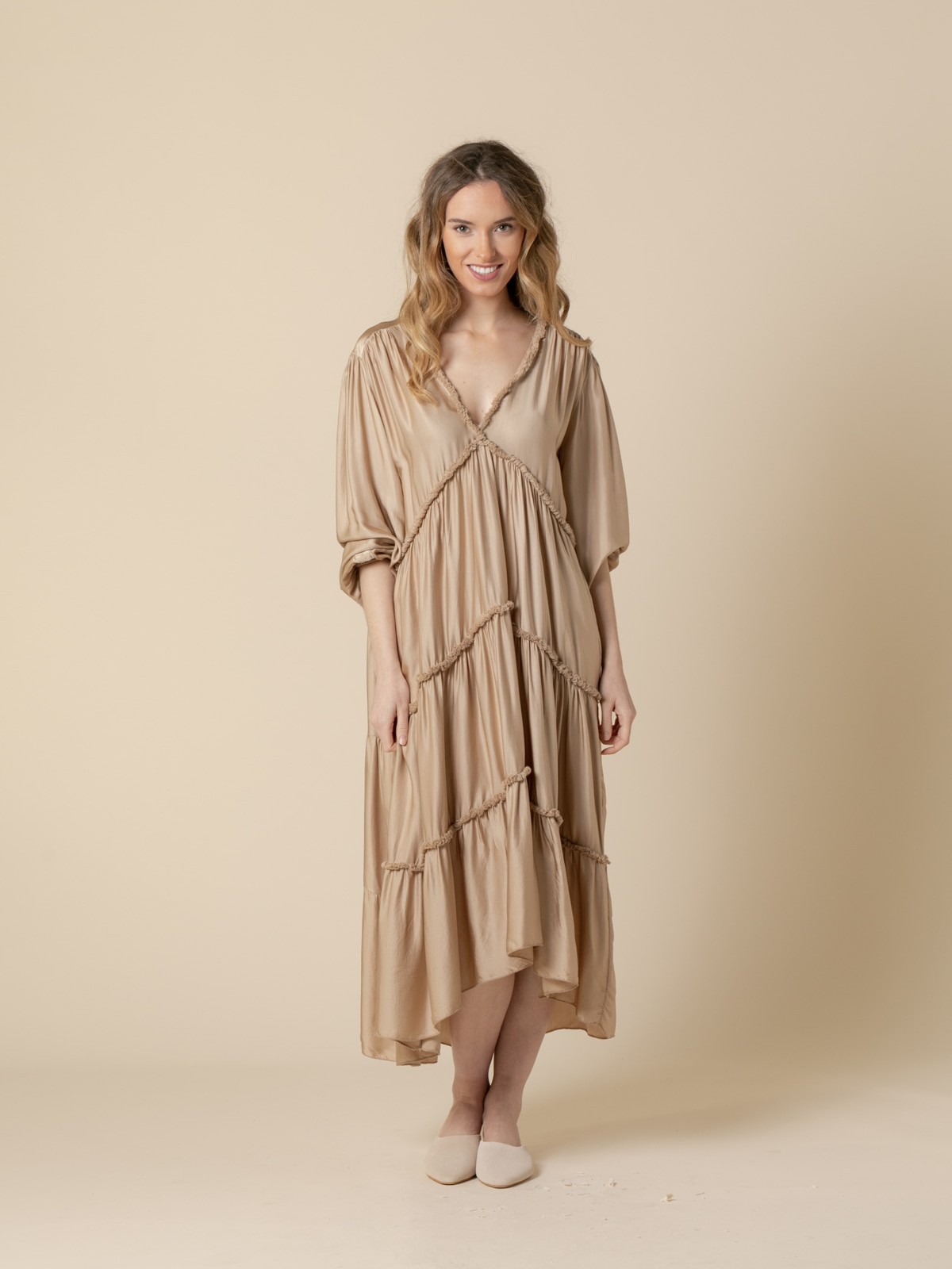 Woman V-neck silk dress  Camel