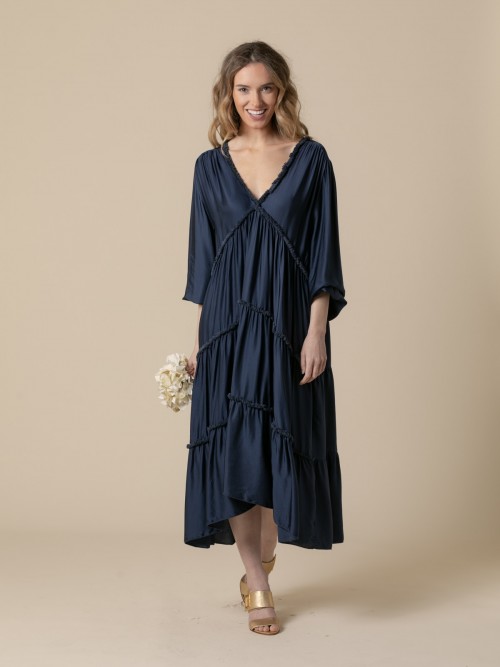 Woman V-neck silk dress  Blue