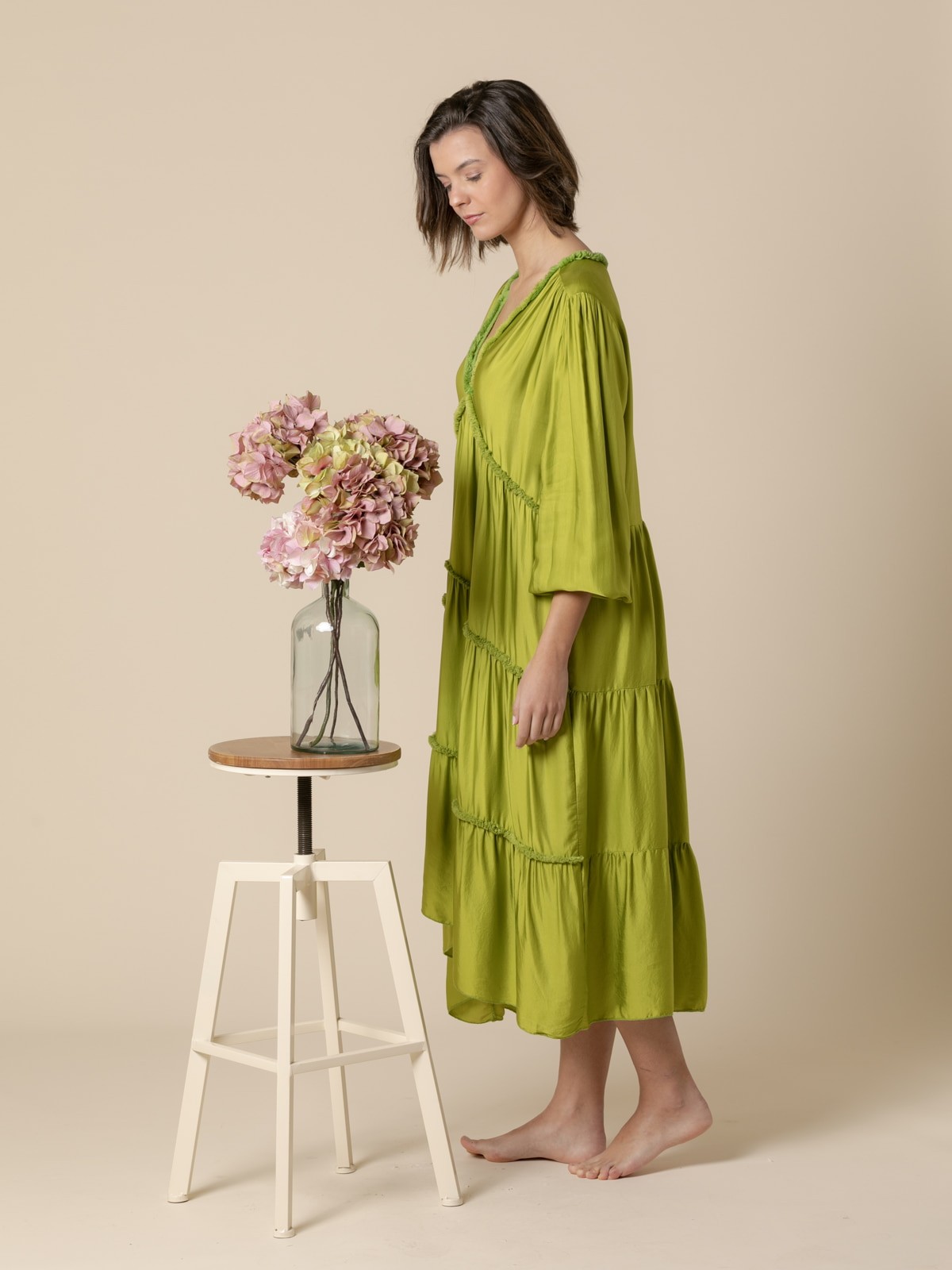 Woman V-neck silk dress  Green
