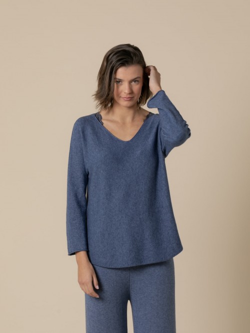 Woman Sweet seamless V-neck sweater  Blue
