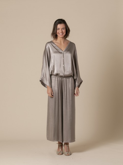 Woman Satin trousers with honeycomb waistband  Taupe