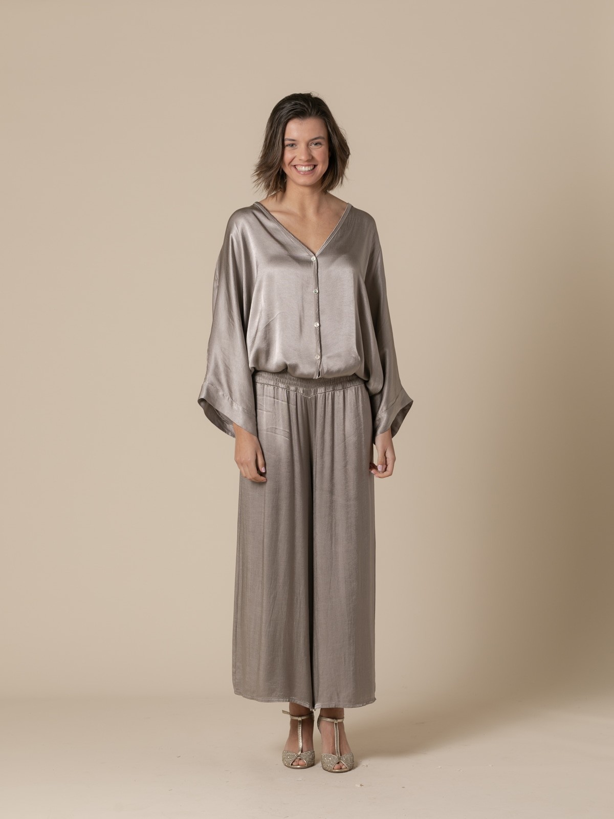 Woman Satin trousers with honeycomb waistband  Taupe