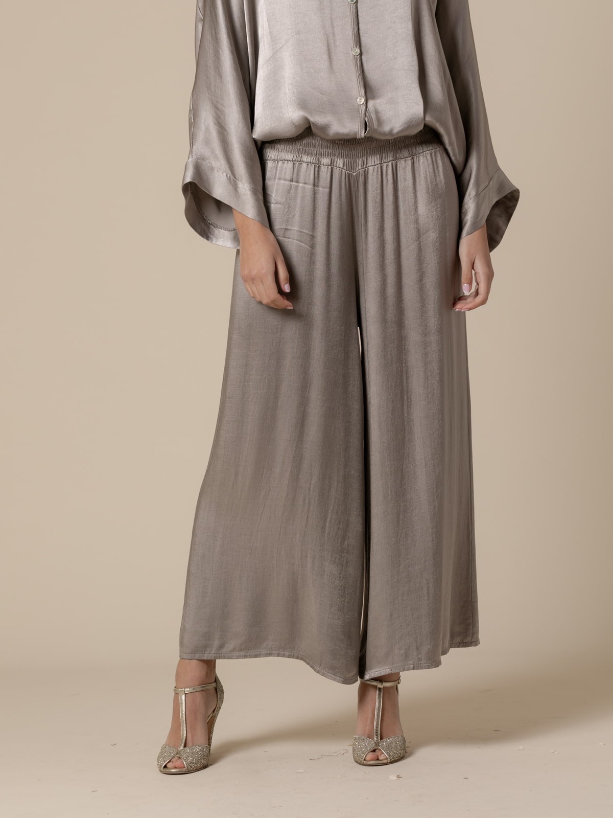 Woman Satin trousers with honeycomb waistband  Taupe