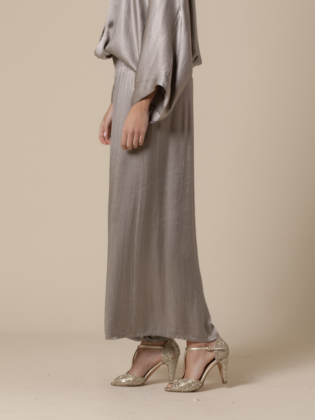Woman Satin trousers with honeycomb waistband  Taupe