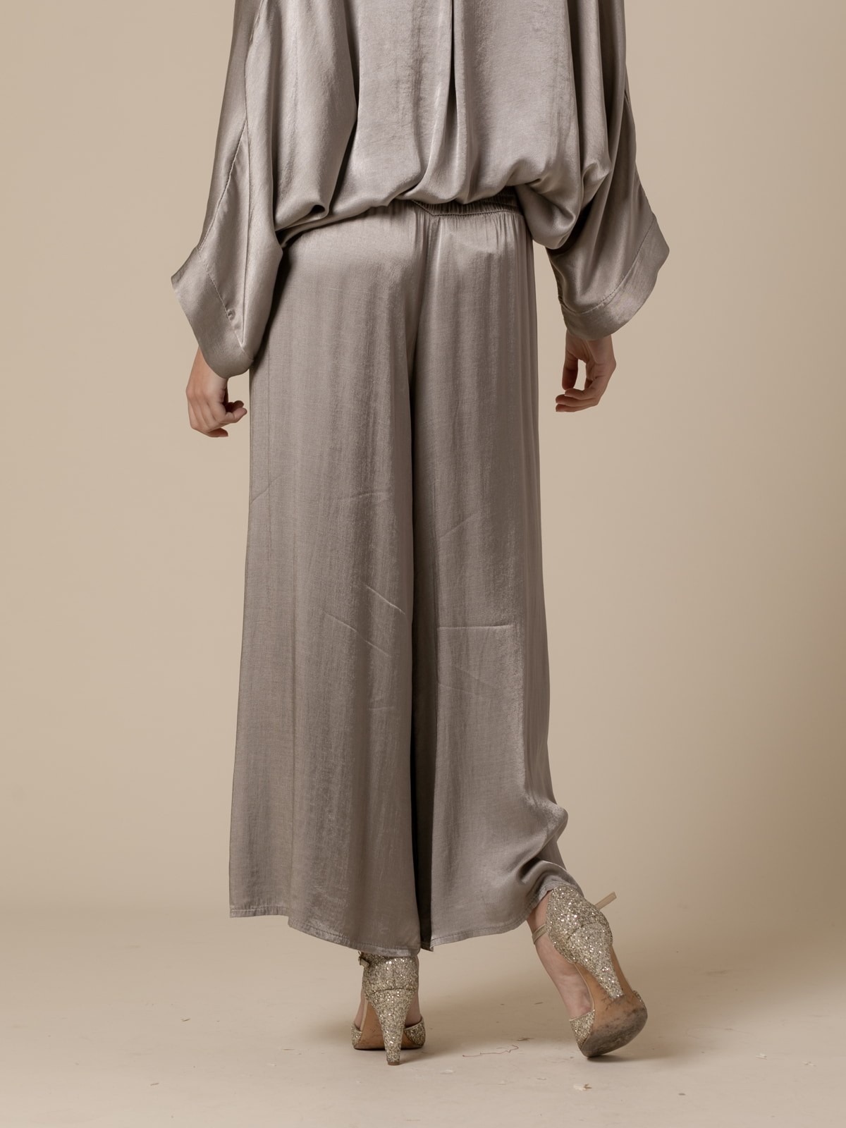 Woman Satin trousers with honeycomb waistband  Taupe