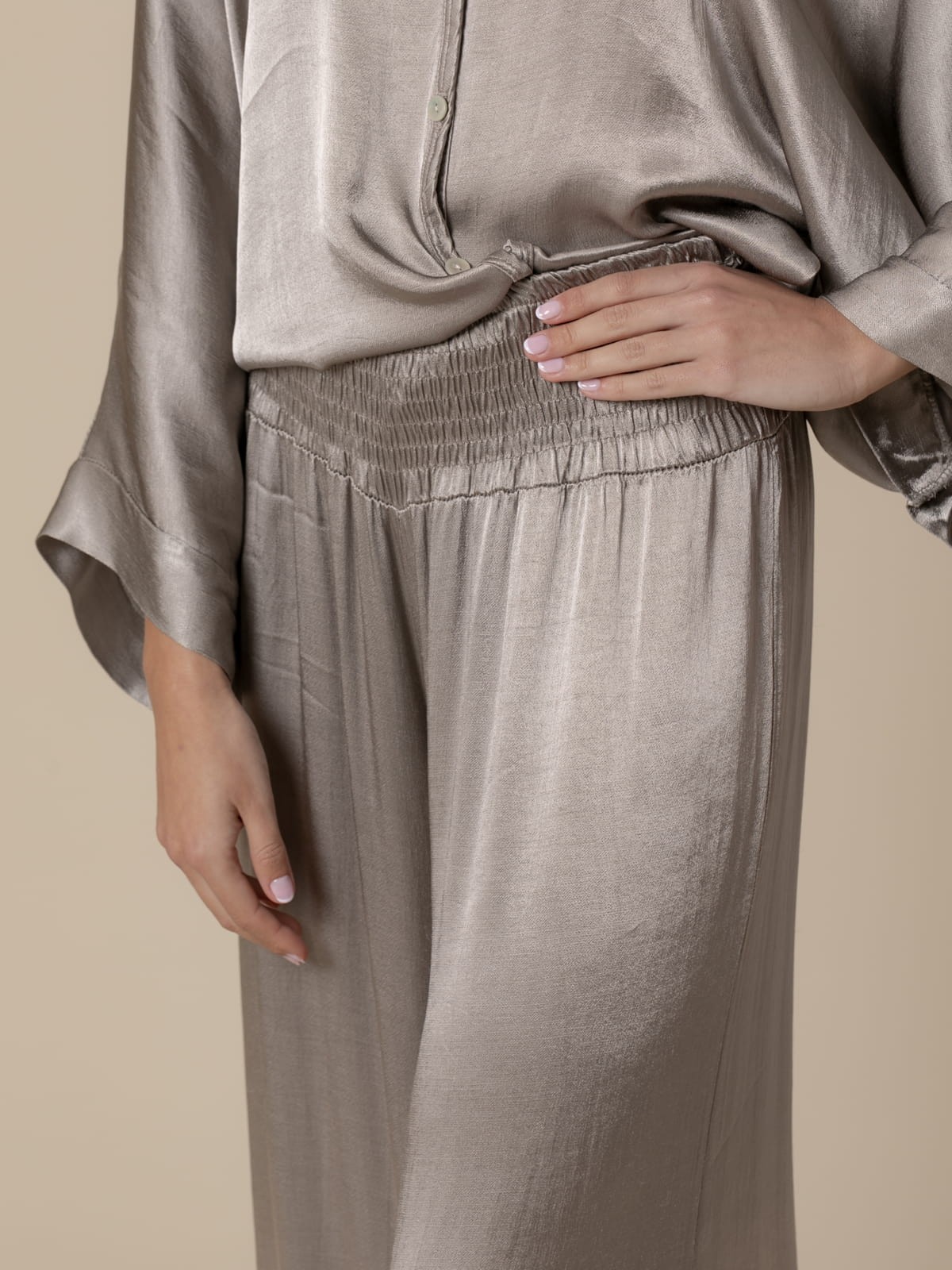 Woman Satin trousers with honeycomb waistband  Taupe