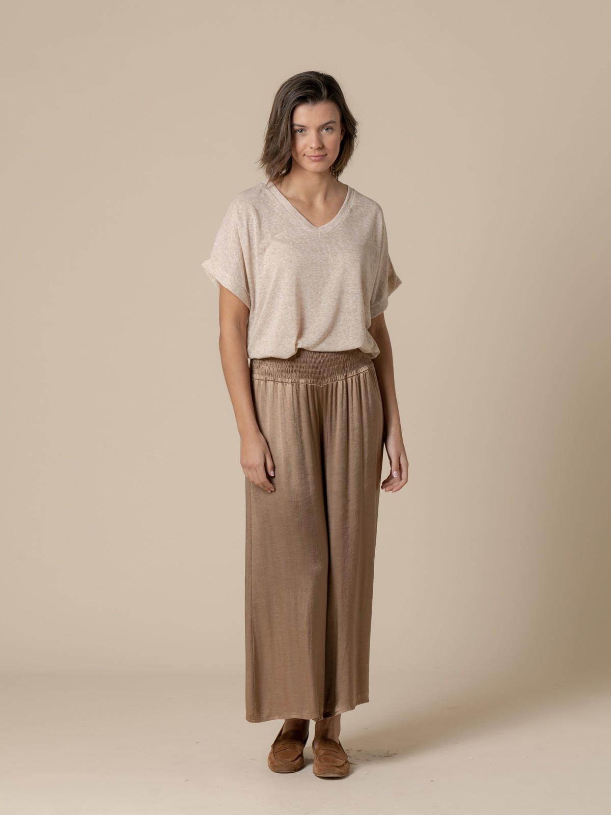 Woman Satin trousers with honeycomb waistband  Camel