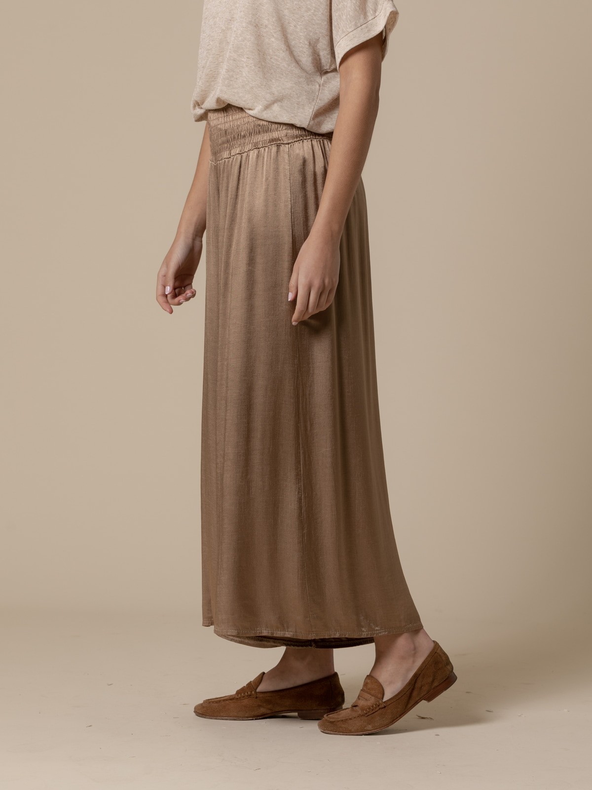 Woman Satin trousers with honeycomb waistband  Camel