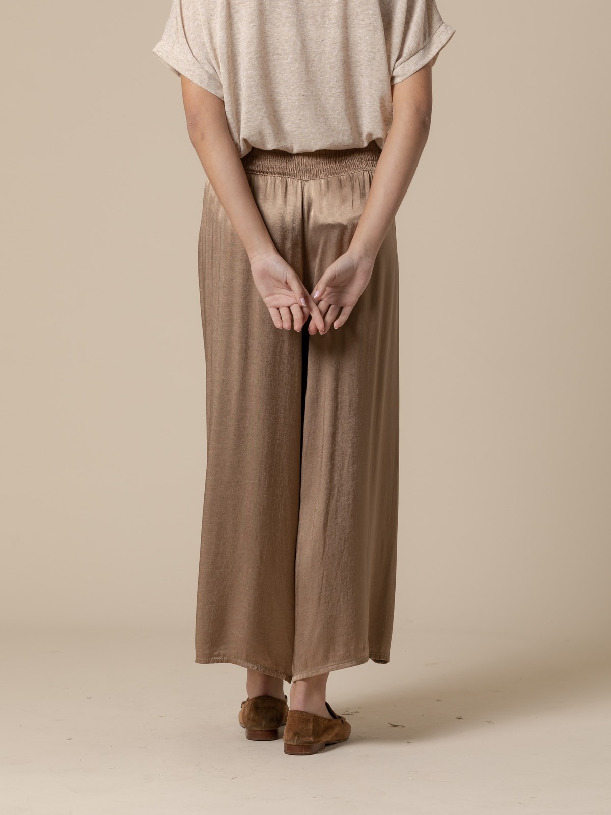 Woman Satin trousers with honeycomb waistband  Camel