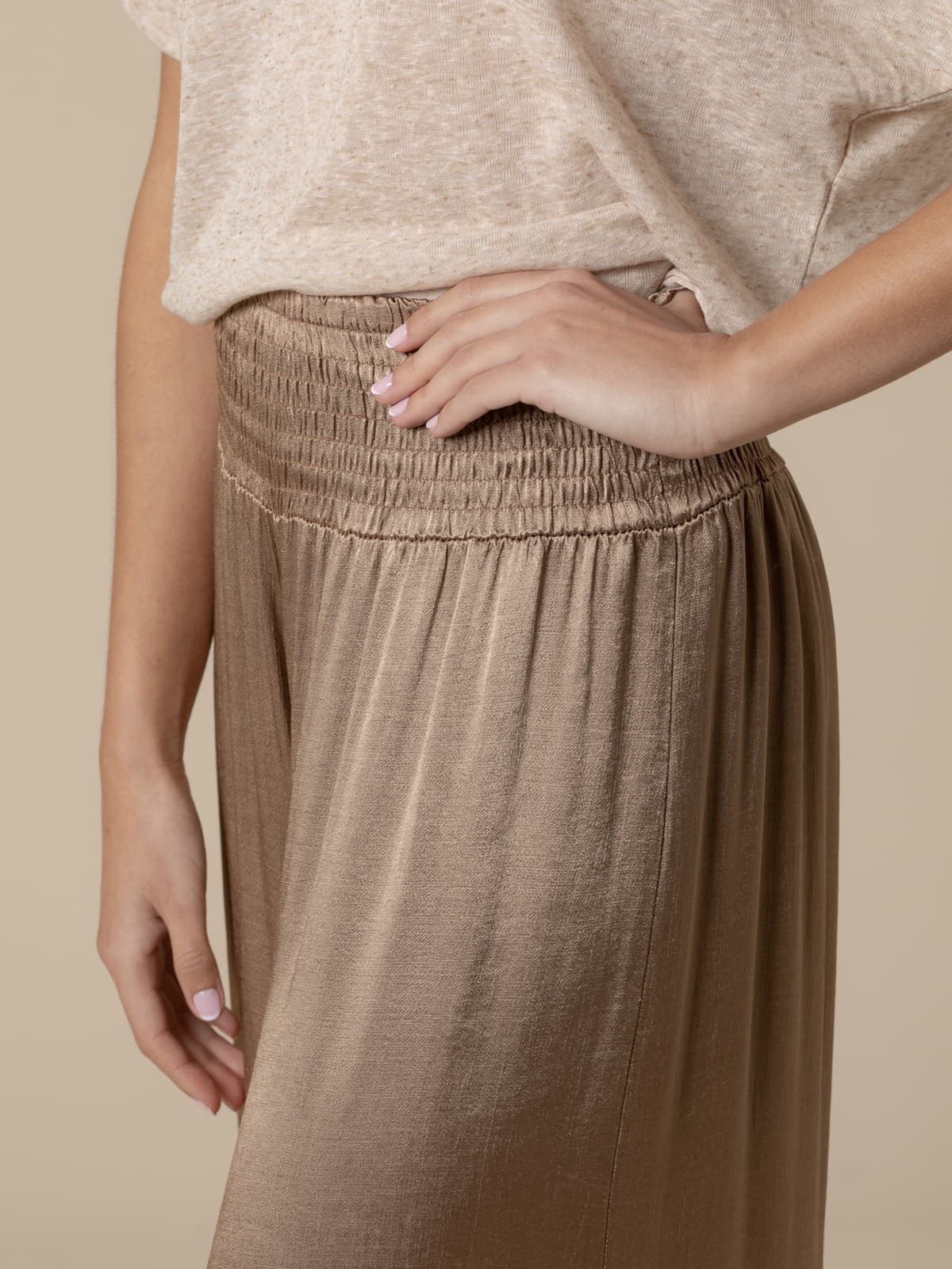 Woman Satin trousers with honeycomb waistband  Camel