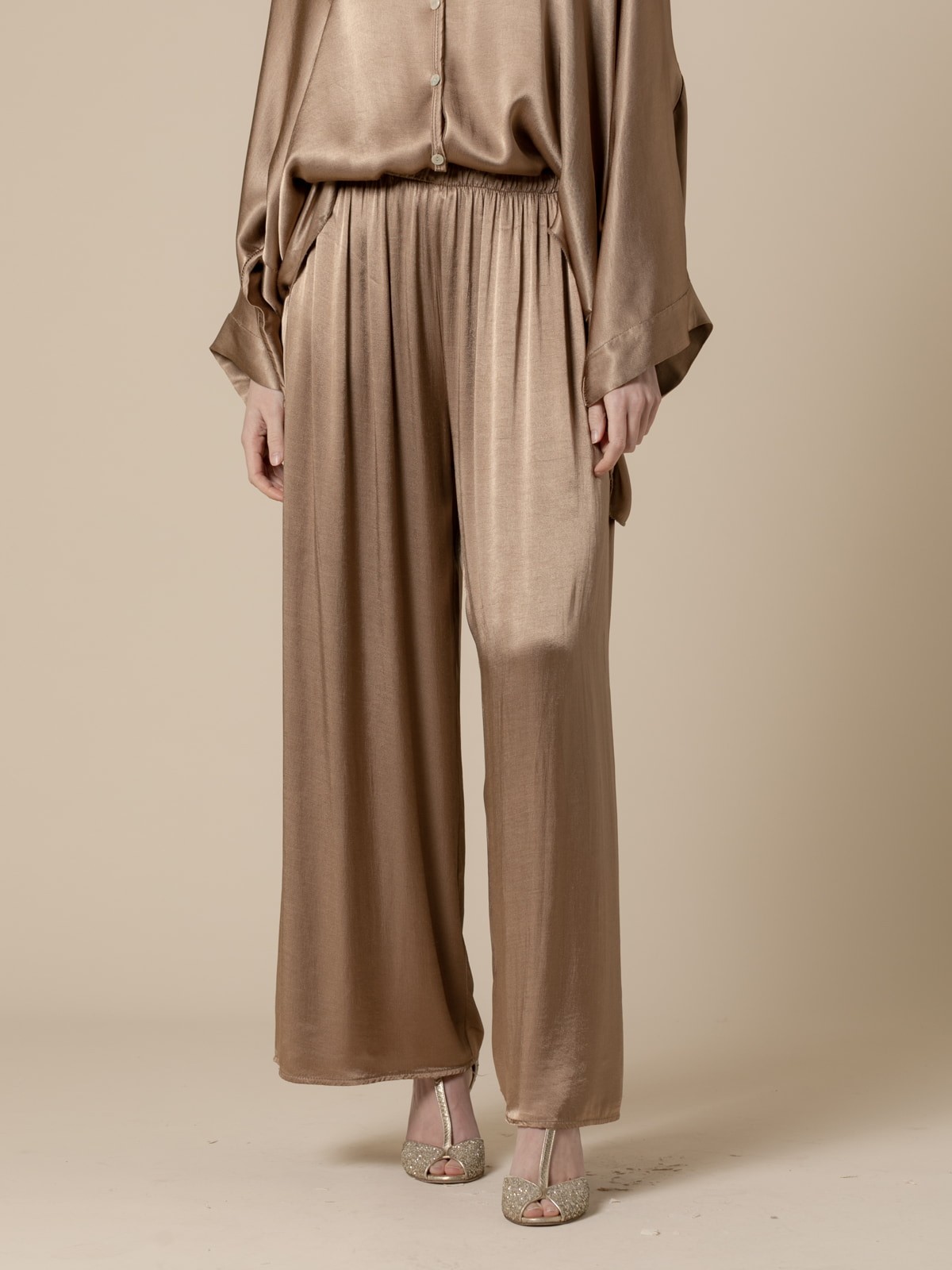 Woman Satin trousers with elastic waistband  Camel