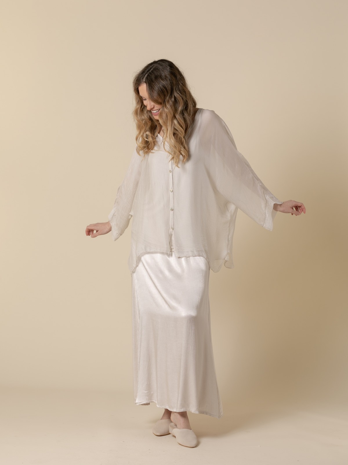 Woman V-neck silk blouse  Beige