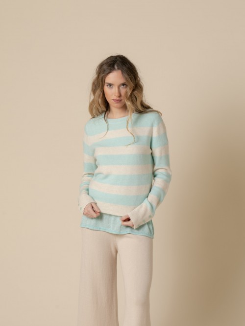 Woman Striped boat neck jumper  Aqua
