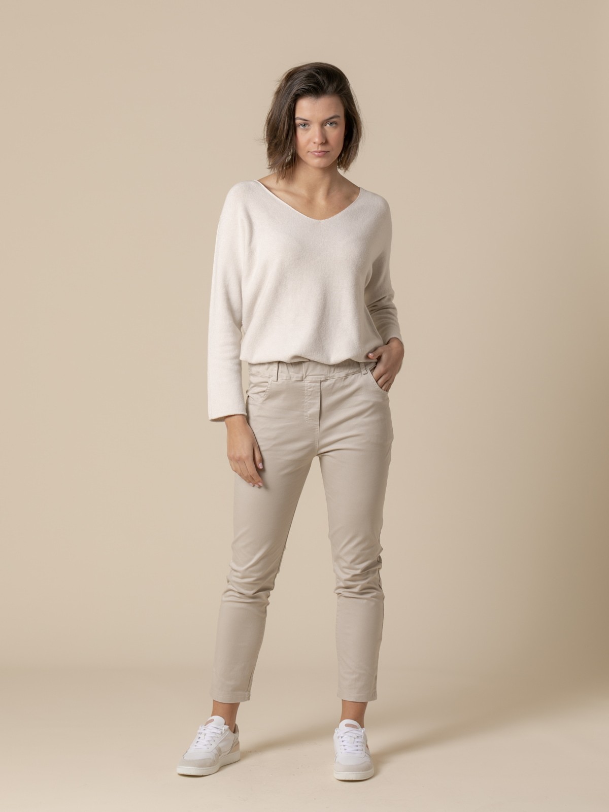 Woman 100% cotton trousers with 4 pockets  Beige