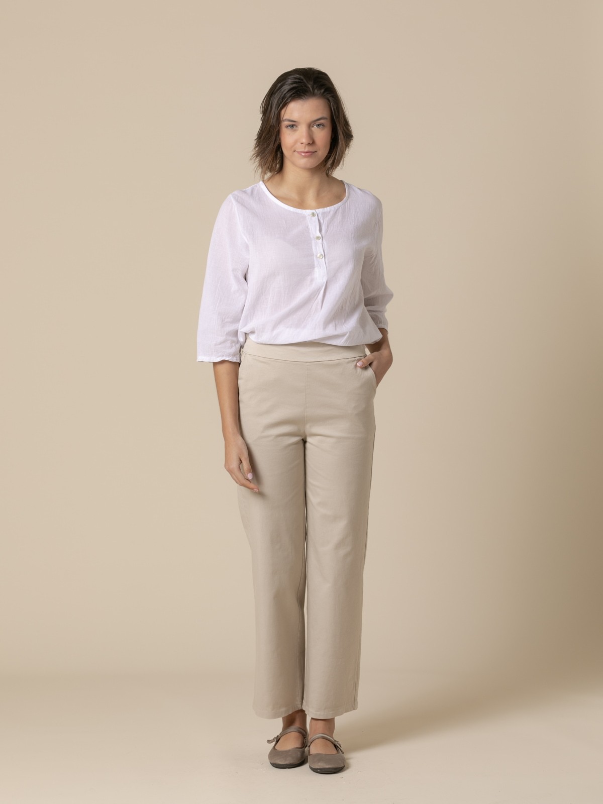Woman cotton wide leg pants with pockets  Beigecolour