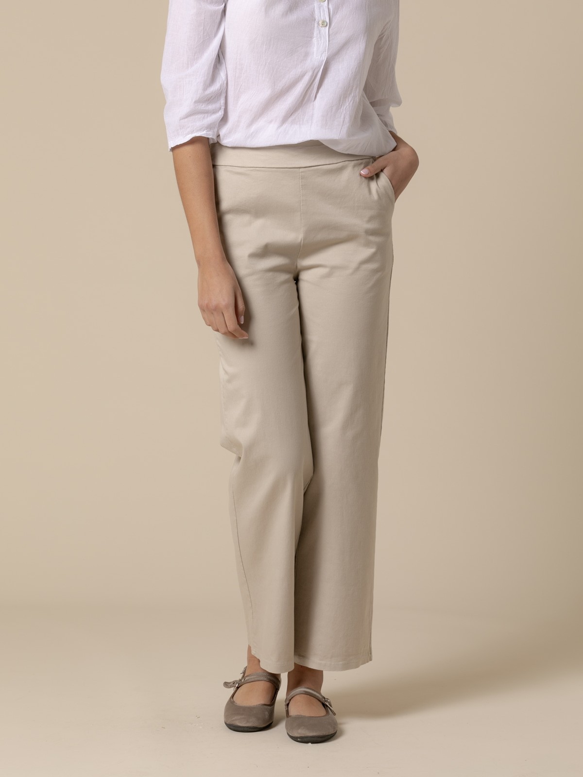 Woman cotton wide leg pants with pockets  Beigecolour