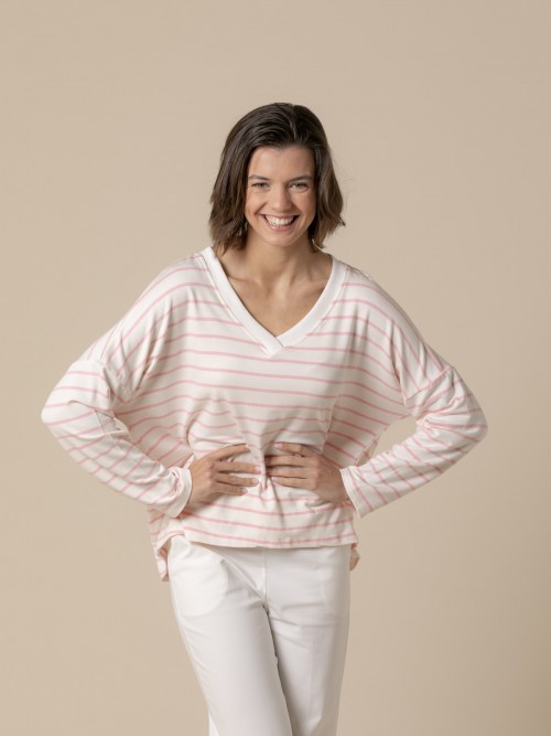 Woman Striped plush detail sweater  Pink