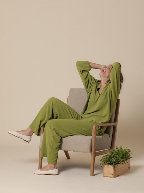 Woman Fluid V-neck polo shirt  Olive