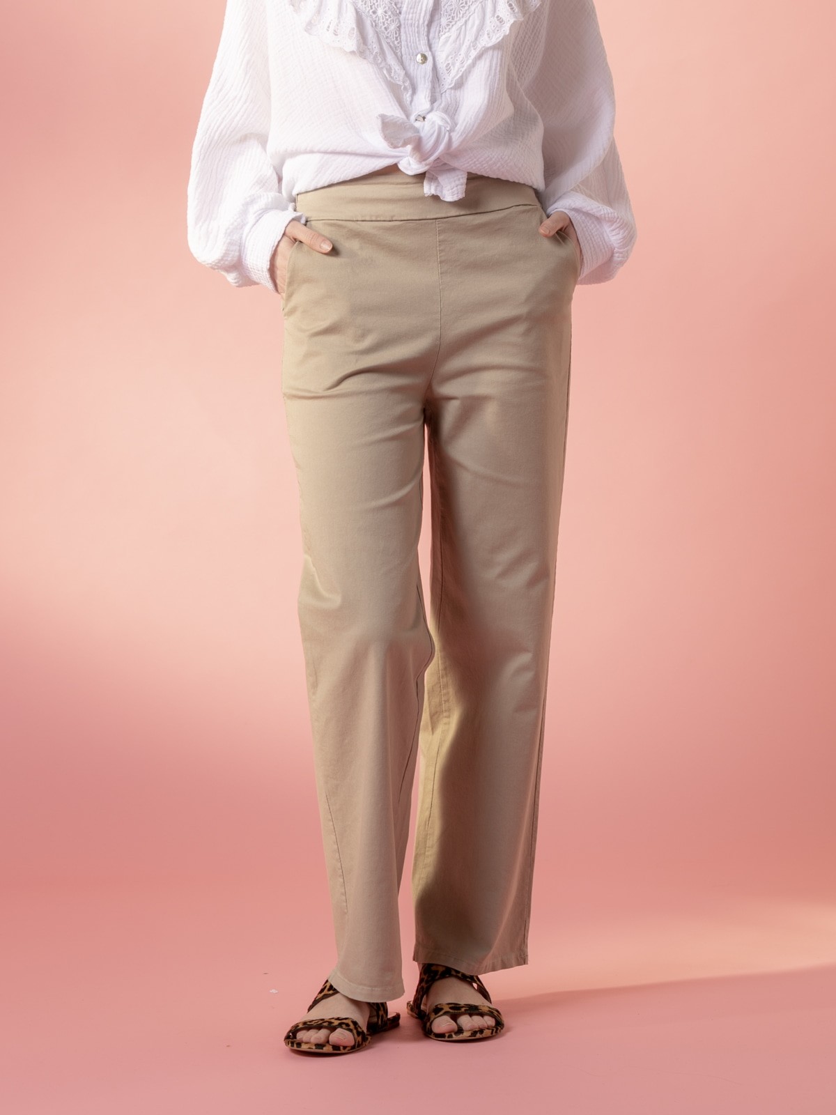 Woman cotton wide leg pants with pockets  Taupe