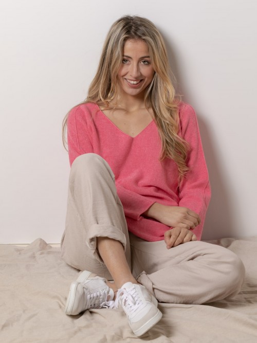 Woman Sweet seamless V-neck sweater  Magenta