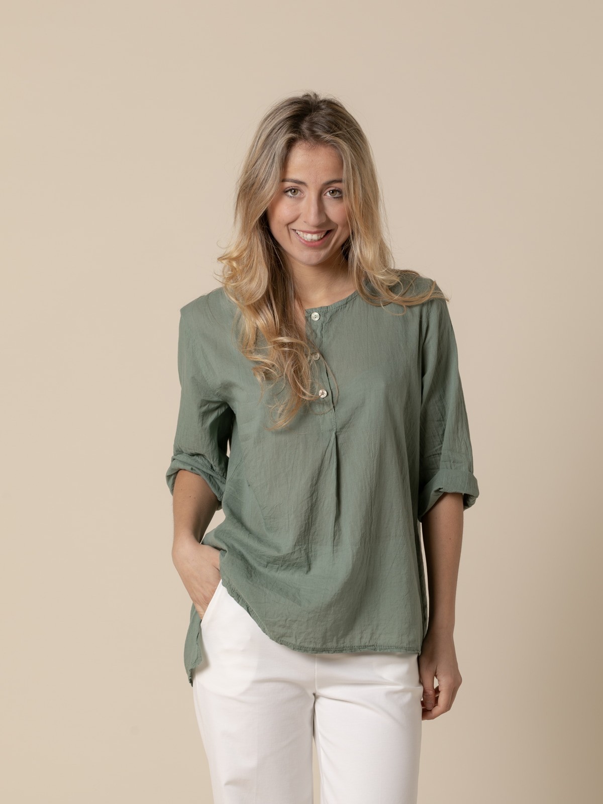 Woman 3-button cotton voile blouse Khaki