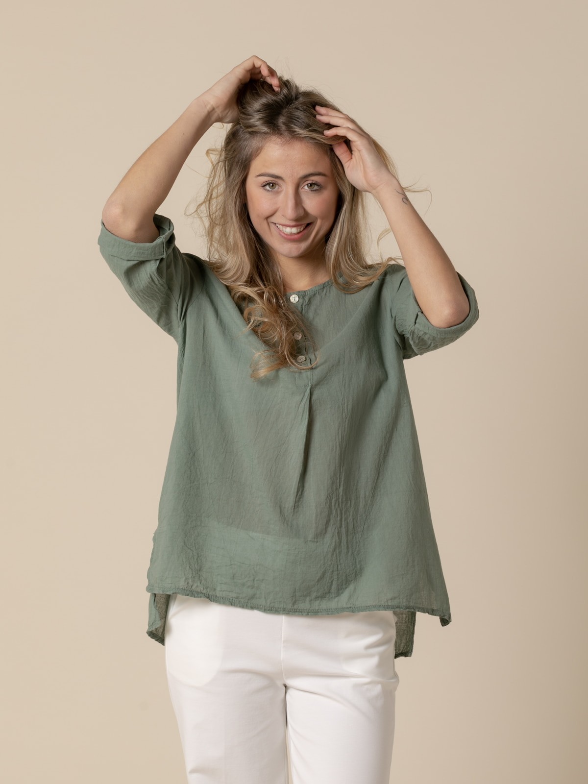 Woman 3-button cotton voile blouse Khaki