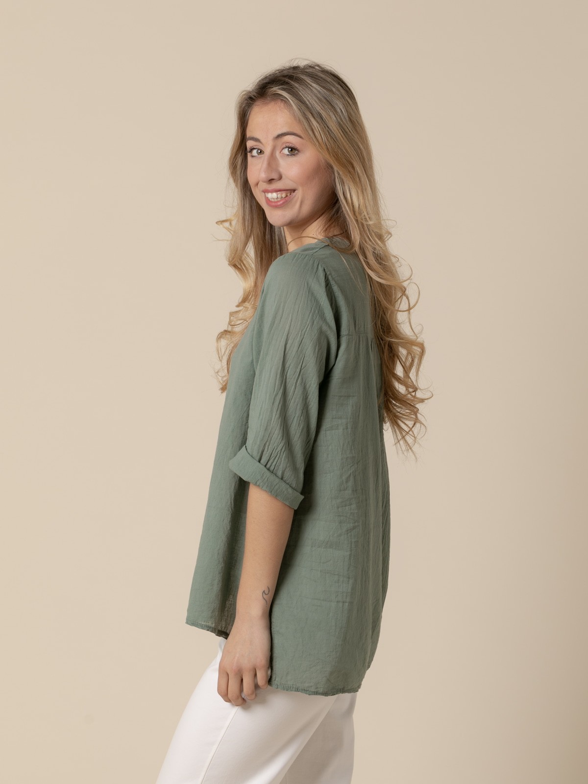Woman 3-button cotton voile blouse Khaki