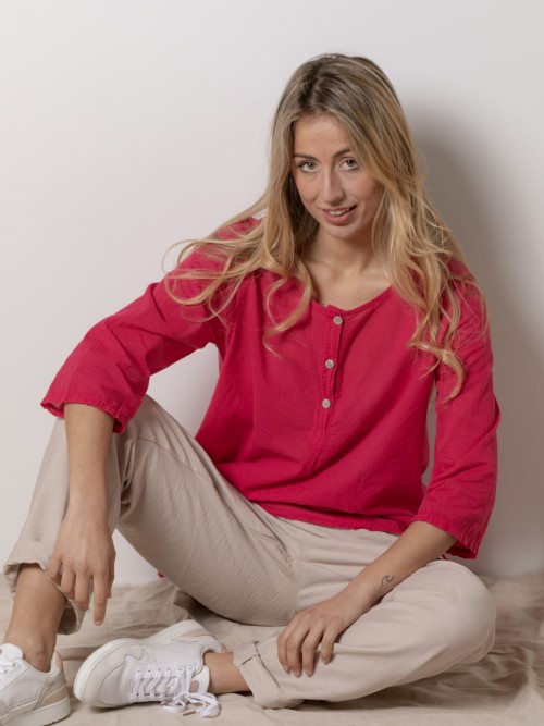 Woman 3-button cotton voile blouse Magenta
