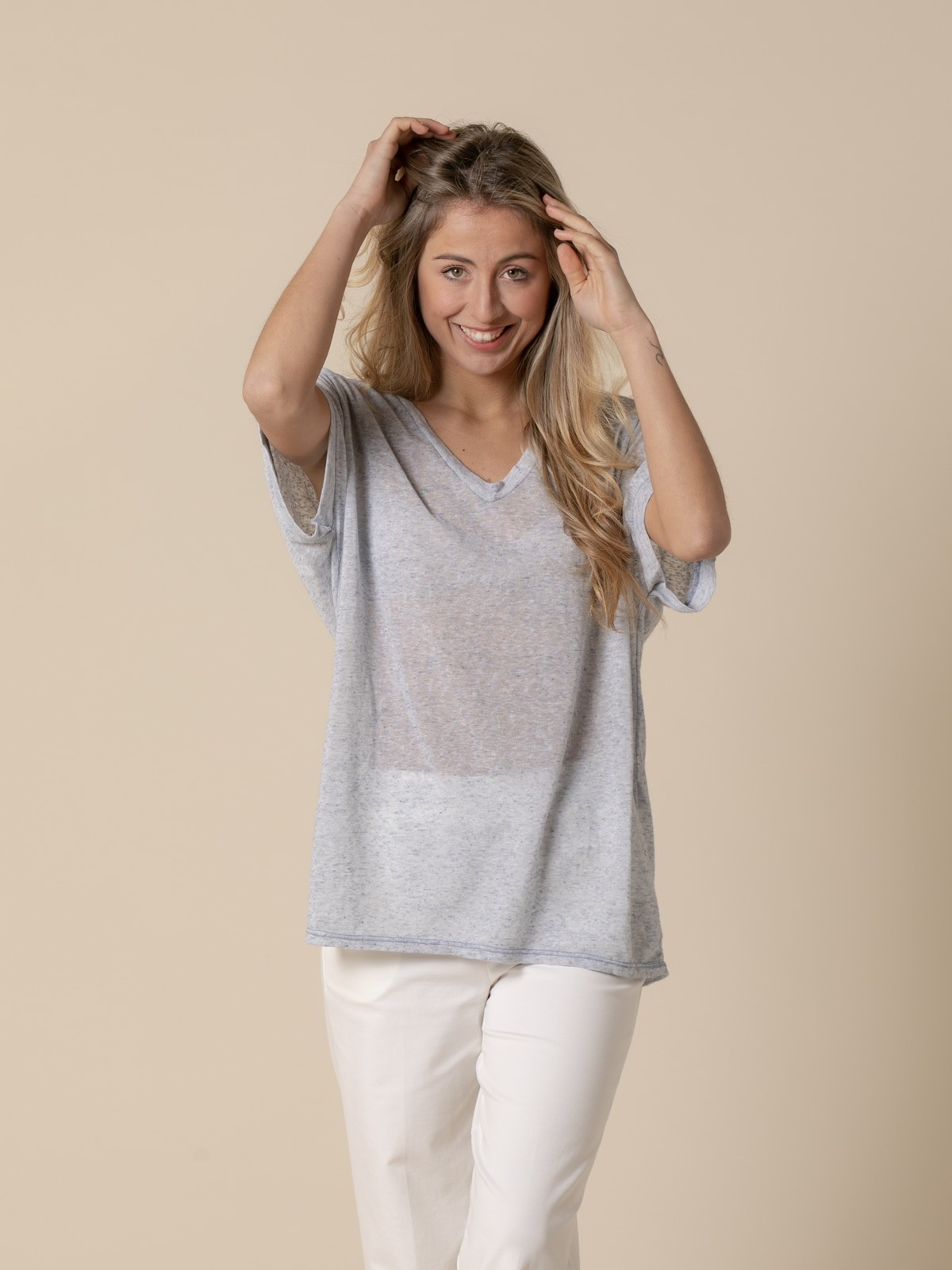 Woman Oversize linen V-neck T-shirt  Blue