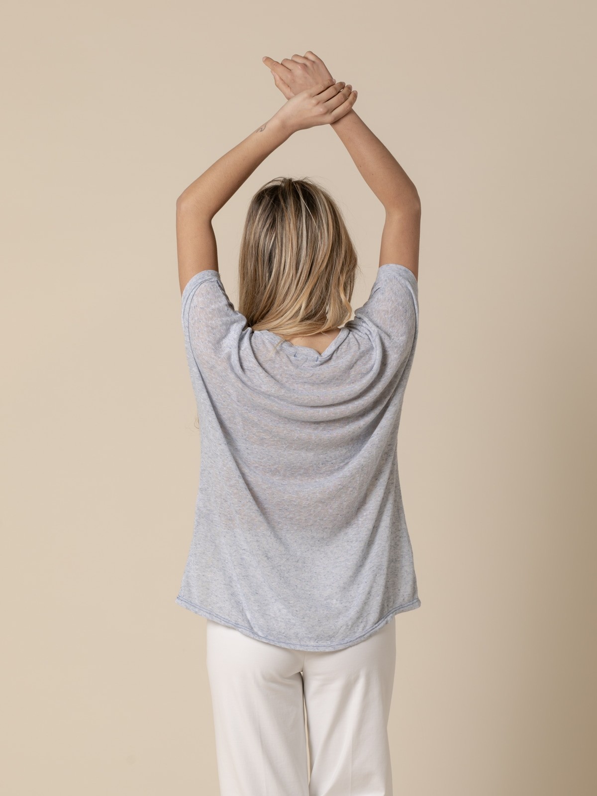 Woman Oversize linen V-neck T-shirt  Blue