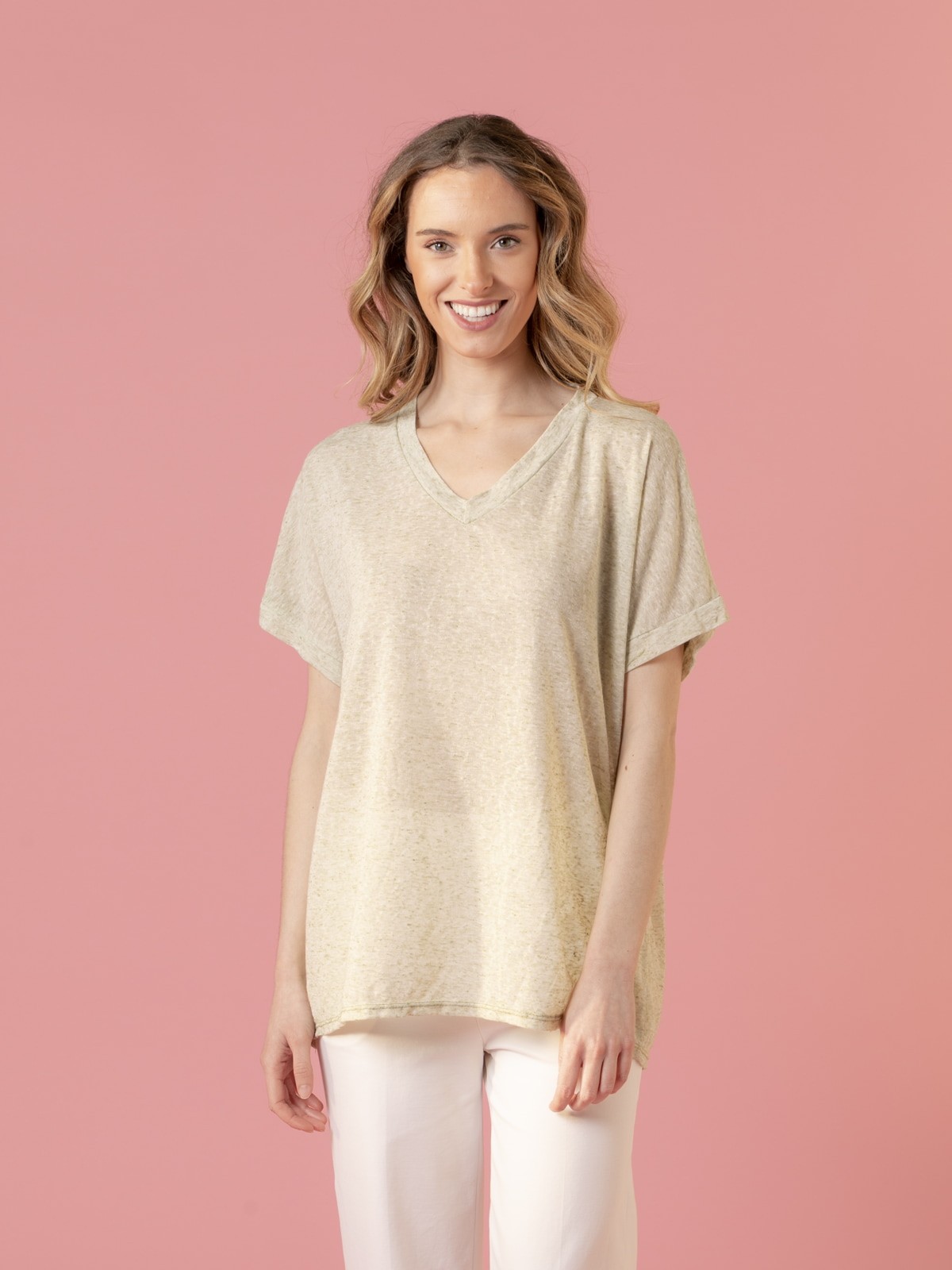 Woman Oversize linen V-neck T-shirt  Olive